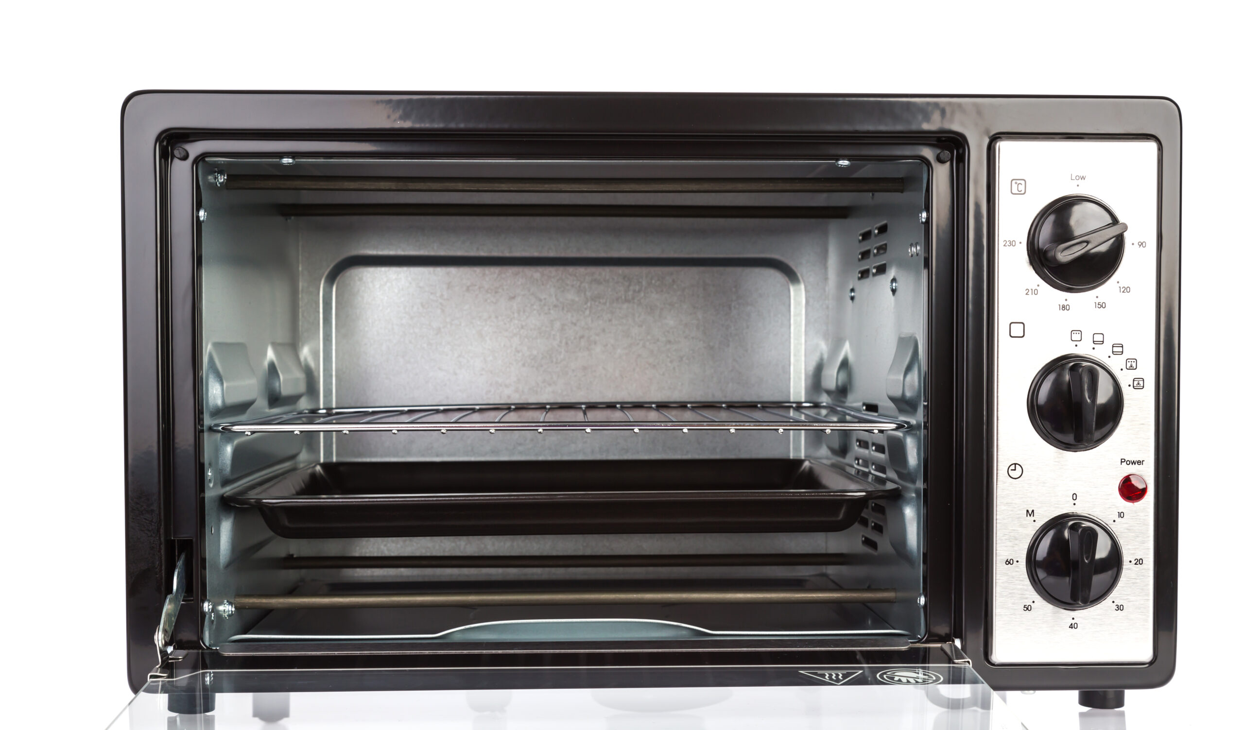 Front of an electric oven. At the top edge, there's a handle for opening the oven door. In the central part, there's a glass window through which you can see the rack. On the right side of the door, there are three control knobs: temperature, heating mode, timer. On the right edge, between two lower knobs, there's a 'Power' indicator light.