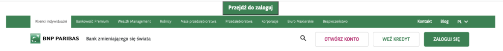 zrzut ekranu z serwisu BNP Paribas, pokazujący przeskok do przycisku Zaloguj. 
