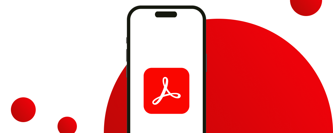 Logo Adobe Acrobat Pro DC w telefonie. Telefon na białym tle, dookoła czerwone kropki. Zdjęcie nawiązuje do tutorialu jak dodać tekst alternatywny w Adobe Acrobat.