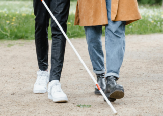 Two people are walking in the park. One of them is using a cane. He refers to the topic of orientation in space as a blind person.