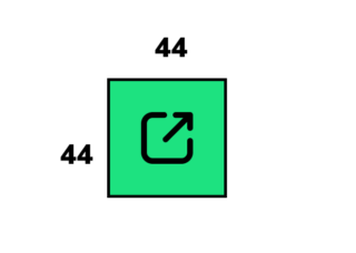 Kwadratowy przycisk z ikoną informującą o otwarciu zawartości w nowej karcie. przy dwóch bokach znajduje się liczba 44 wskazująca na wielkość przycisku. Jest to przykład zastosowania WCAG 2.5.5 rozmiar celu.